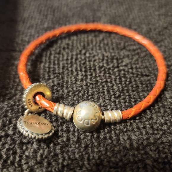 Retired Pandora Red Braided Leather Bracelet w/ 925 Football Silver Accents - Picture 2 of 5